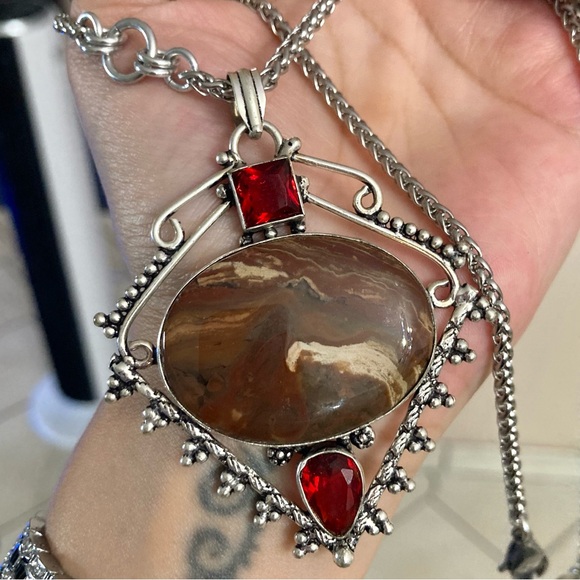 925 sterling silver overlay genuine red jasper stone boho steel chain necklace - Picture 11 of 13